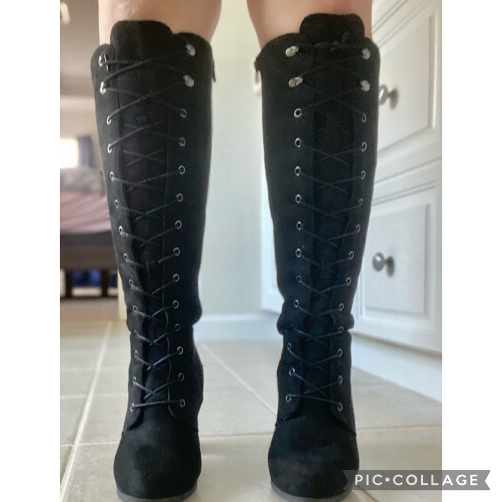 Black Suede Knee High Lace-Up Heel Boots